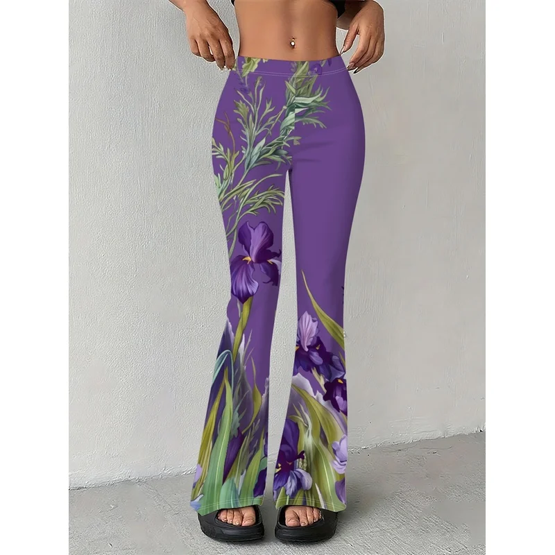 2026  Purple iris flower cluster pattern printed flared pants, suitable for daily casual wear of teenagers aged 7 to 16.