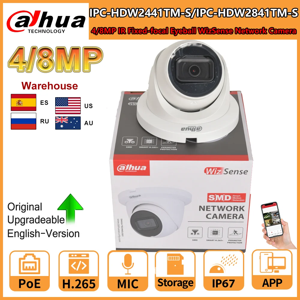 

Dahua 8MP IR Fixed-focal Eyeball WizSense Network Camera 4K IPC-HDW2841TM-S 4MP IPC-HDW2441TM-S PoE IR Build-in Mic SD Card Slot