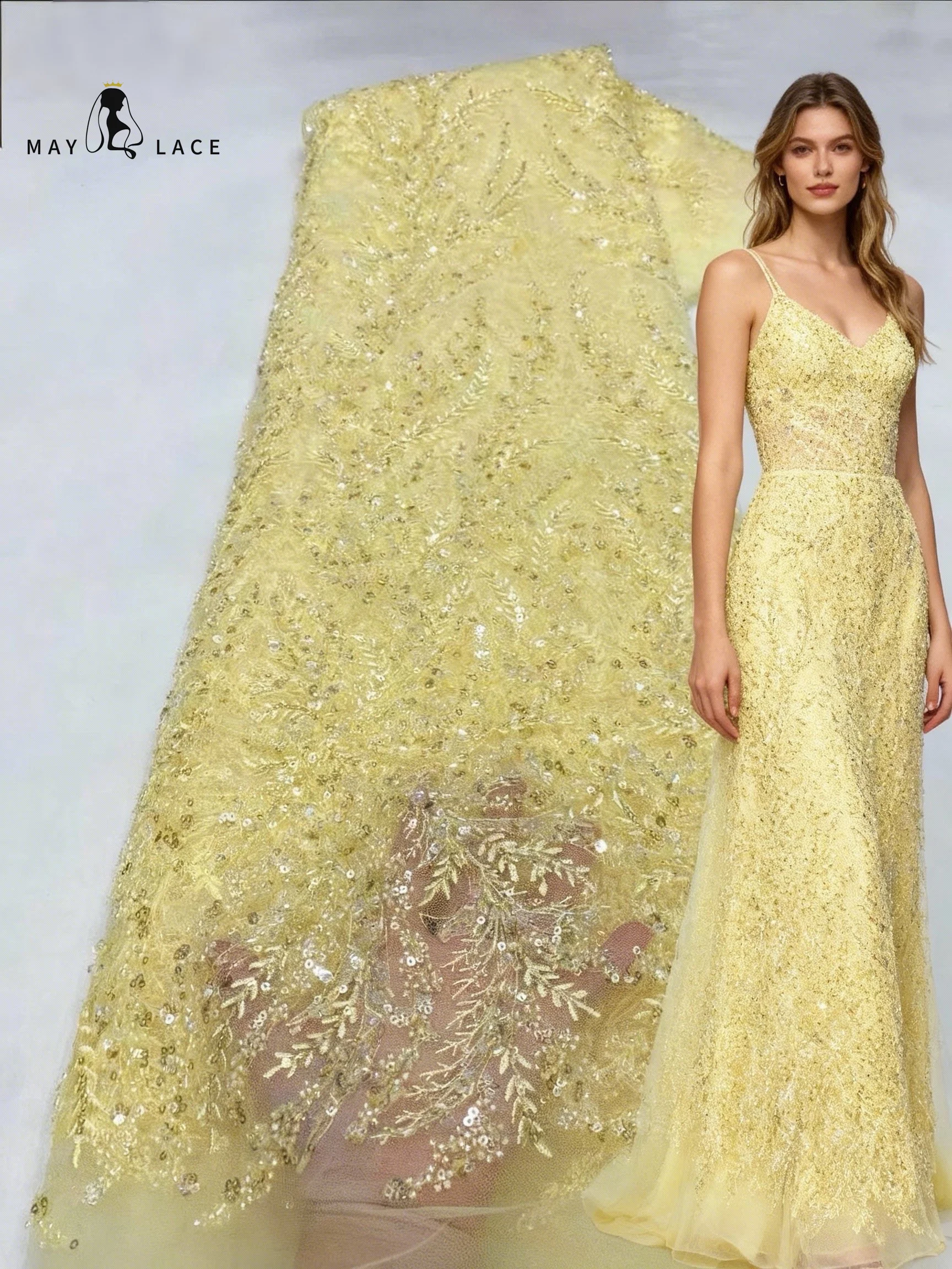 

Yellow Luxury Precious French Heavy Beaded Lace Fabric 2026 High End African Nigerian Sequins Lace Women Wedding Party Dresses