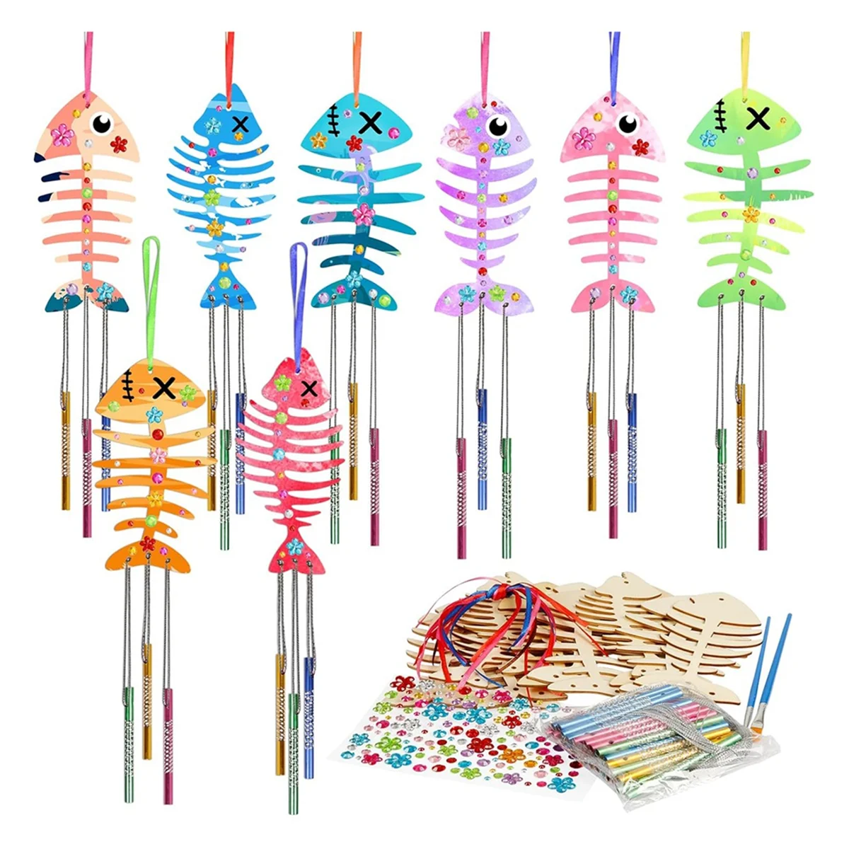 12 Pack Wind Chime Kit Spring Craft for Kids Wooden Arts and Crafts for Girls Boys Make Your Own Fish Wind Chime