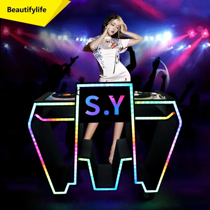 Q181 DJ Booth Movable Mixing Console Equipment LED Colorful Lighting M-Shaped Bar Table