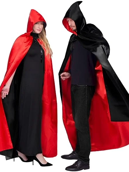 

Двусторонний черно-красный плащ с капюшоном для Хэллоуина, костюм для косплея и сценических выступлений для взрослых, с заостренной шапкой-капюшоном, в китайском этническом стиле