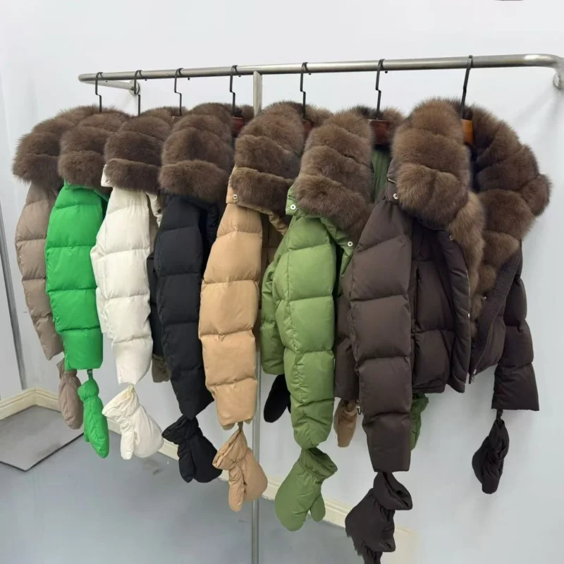 Winter 2026 High-Quality Women's Fox Fur Collar Hooded down Jacket Y2K Fashion Casual Thick Warm Goose down Coat with Gloves
