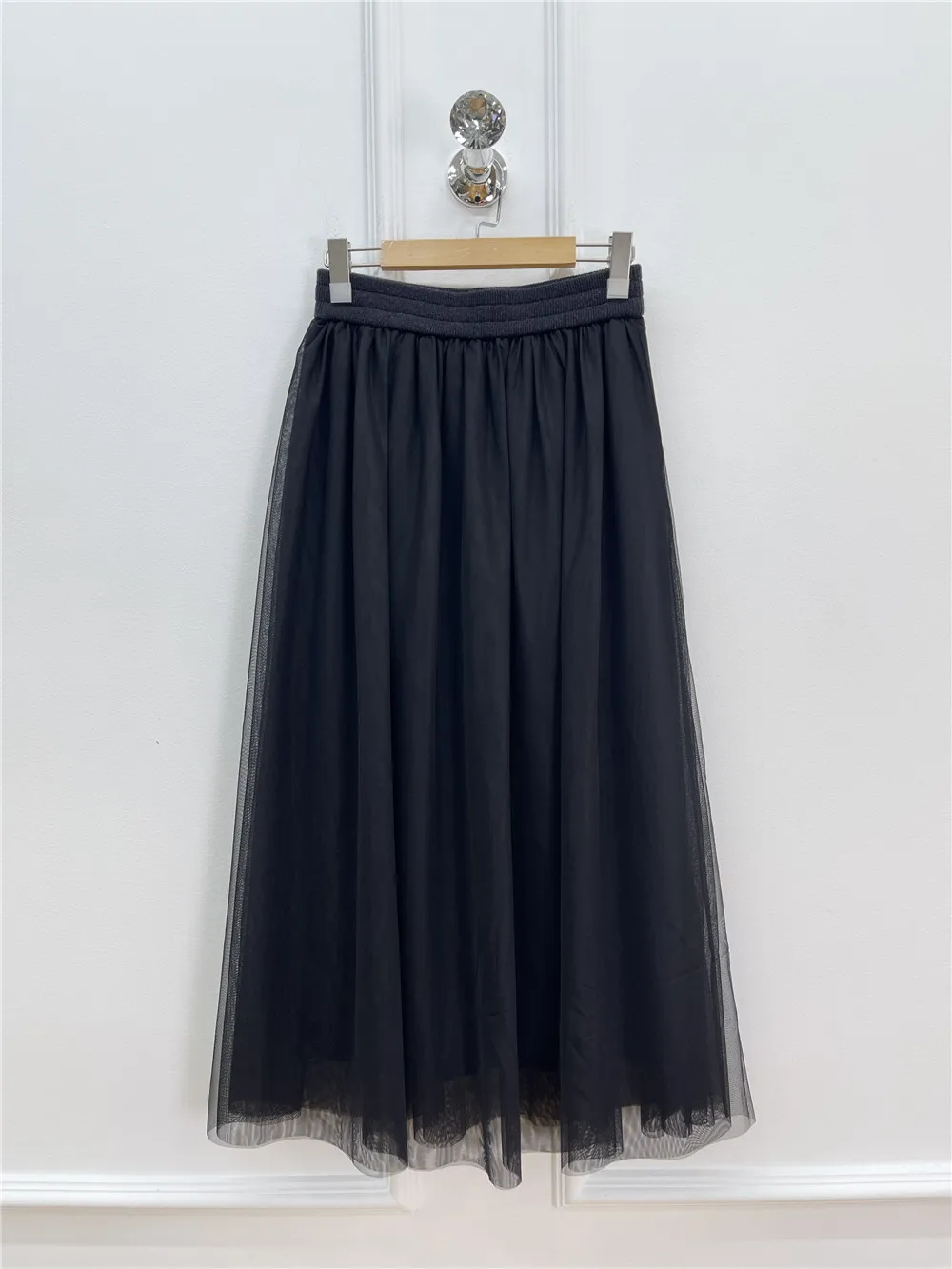 25 Autumn New Women's Cashmere Mesh Elastic Waist Skirt