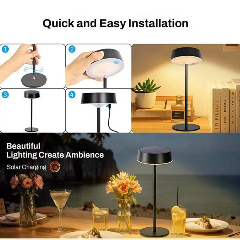 Solar Table Lamp Dimmable LED Desk Lamp Waterproof Cordless Table Lamp Rechargeable Night Lamp for Garden Terrace Camping