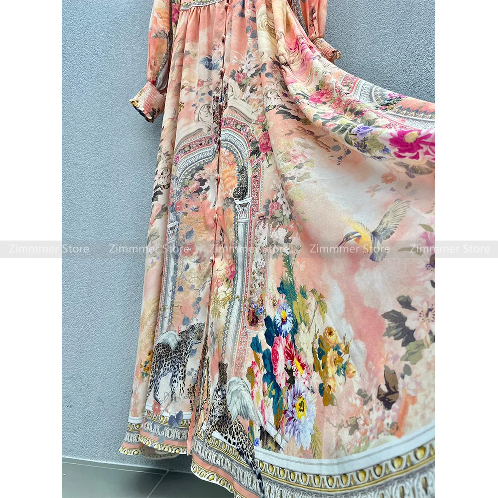 Australian niche noblewoman floral print V-neck long-sleeved high-waisted silk dress long