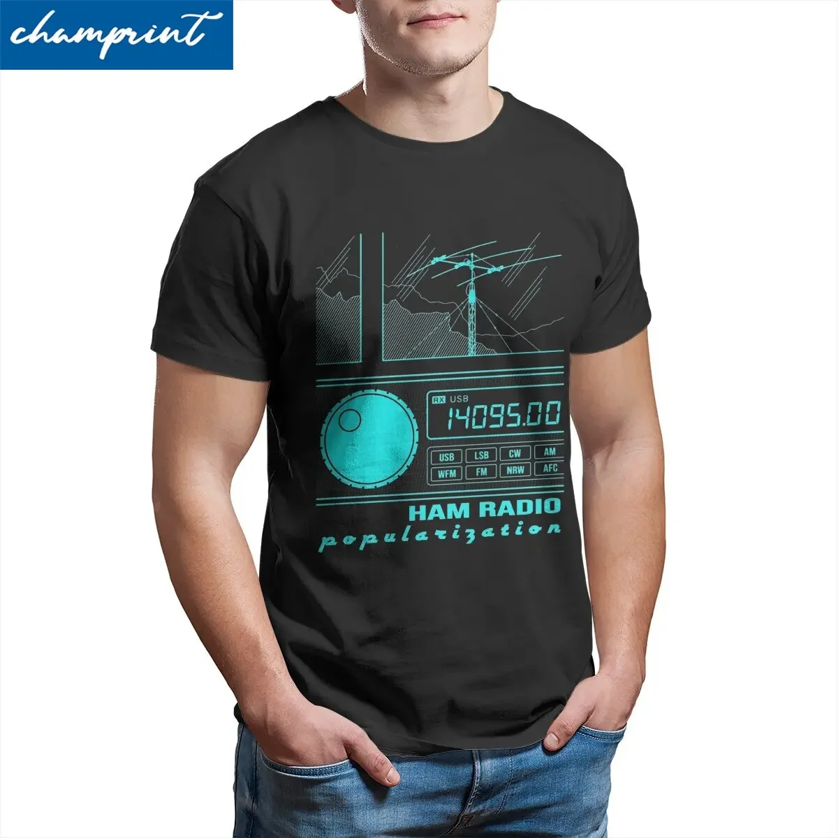 HAM Radio Amateur Operator Cyan Lines Men's T Shirt  Vintage Tees Short Sleeve Crewneck T-Shirt 100% Cotton 4XL 5XL Tops