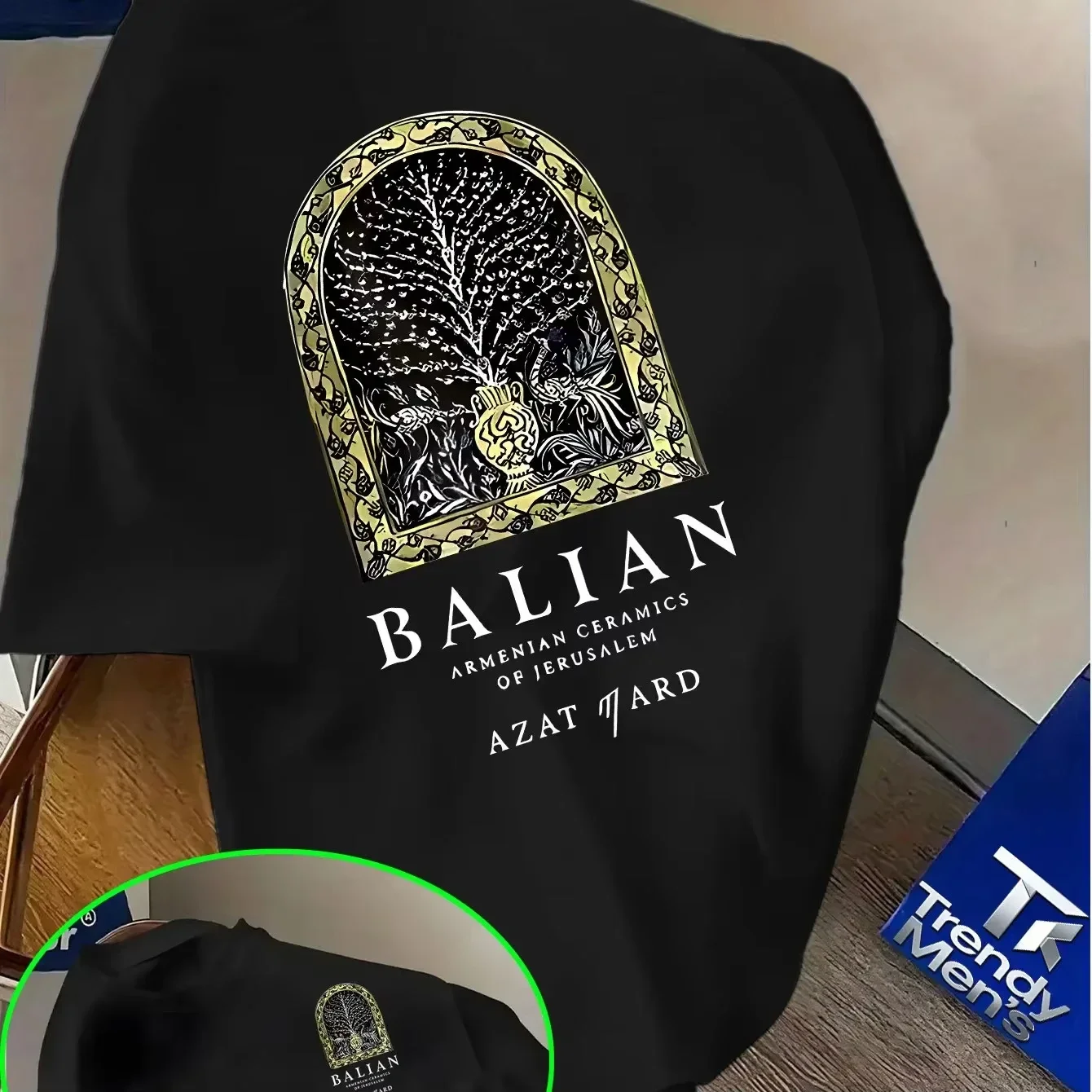Men's 100% cotton T-shirt with Bali ceramic tree pattern print, casual and fashionable summer style, outdoor activities