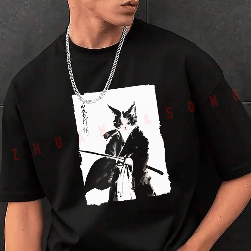 

Watercolor Samurai Cat Men's Fashion T-shirt Casual Trendy Tshirts For Summer Comfortable Short Sleeve Tops