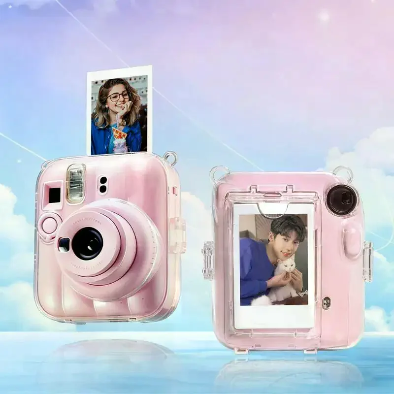 Shockproof Crystal Protector Case for Instax Mini 13 Transparent Cover with Wrist Lanyard Kawaii Stickers for Girls Boys