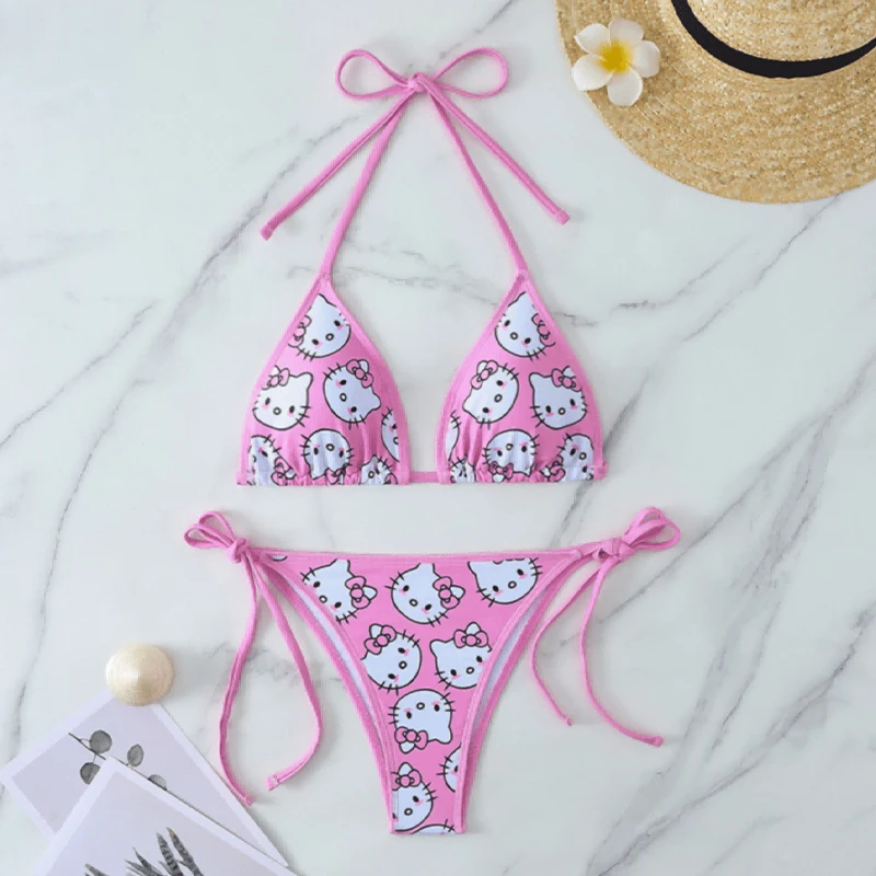 Hello Kitty Bikini 2Pcs Cartoon Girl Bikinis Summer Beach Getaways Swimsuit Set Woman Underwear Kawaii Lingerie Small Bust Bra