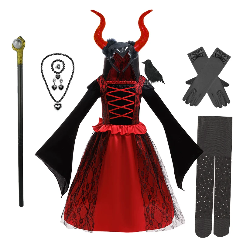 Girls Disguised Children Halloween Cosplay Horror Evil Queen Vampire Costume Party Girls Masquerade Stage Play Ghost Witch Dress