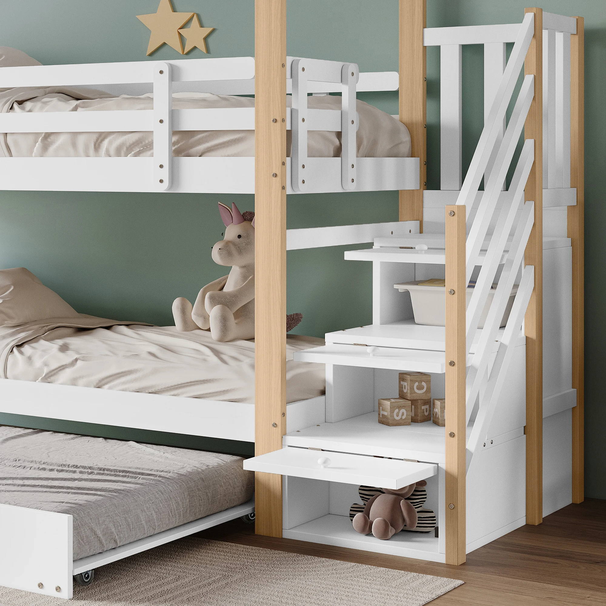 PINGGO Naturweißes Holzhausbett 90x200+90x190cm Kinder-Etagenbett mit Rutsche, Treppe, 3 Schubladen, Sicherheitsgeländer, ohne Matratze – Detail 2