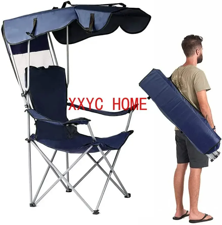 Outdoor Portable Awning Chair Portable Outdoor Camping Deck  with Cup Holder and Tote Bag Folding Chair Garden Deck Chair