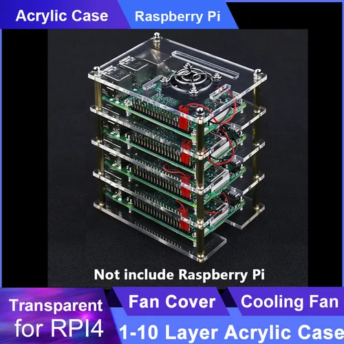 Caja acrílica Raspberry Pi 4 de 1-10 capas, carcasa transparente + ventilador de refrigeración + cubierta de ventilador para Raspberry Pi 4 Modelo B/3B Plus/3B