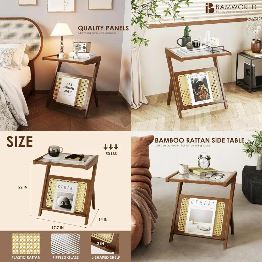 

Прикроватный столик в стиле Mid-Century Modern из бамбука с местом для хранения, тумбочка в стиле бохо, со стеклянной столешницей для гостиной или спальни