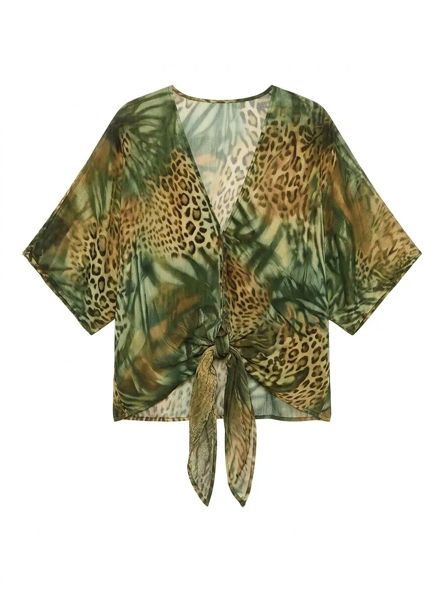 Bonboho Women Green Camo Leopard Mixed Print T-shirt Deep V Neck Short Sleeve Front Self Tie Knot Loose Casual Blouse Shirt Top