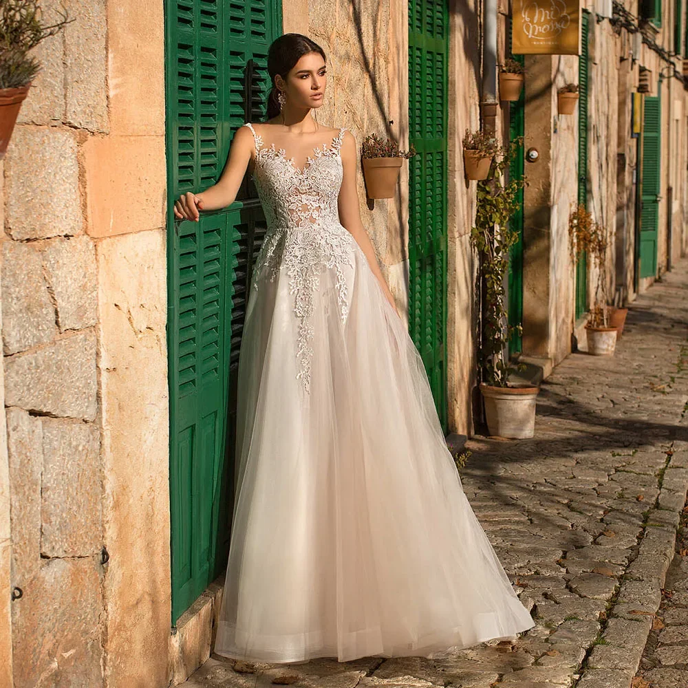 

Flavinke Customized Appliques Tulle A-line Wedding Dresses Off the Shoulder Vestidos De Novia Illusion Luxury Robe De Mariee