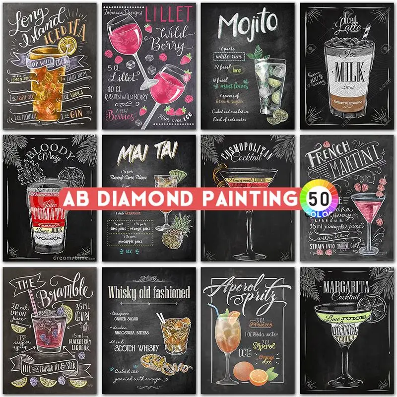 AB Diamond Painting Blackboard Text Bar Decor Red Wine Full Square Diamond Embroidery Cross Stitch Full Round Diamond Mosaic