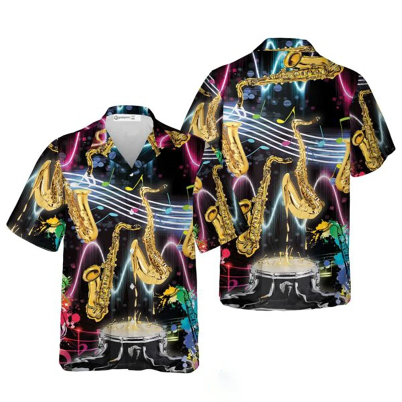 Vintage Guitar Graphic Shirts Mens Clothes 3D Print Musical Instruments Short Sleeve Tops Women Casual Hawaiian Beach Blouse