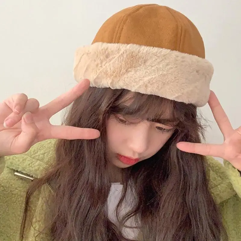 

P88A Women Winter Warm Suede Beanie Hat Solid Color Thicken Plush Cuffed Brimless Hip Hop Landlord Docker Skull Cap