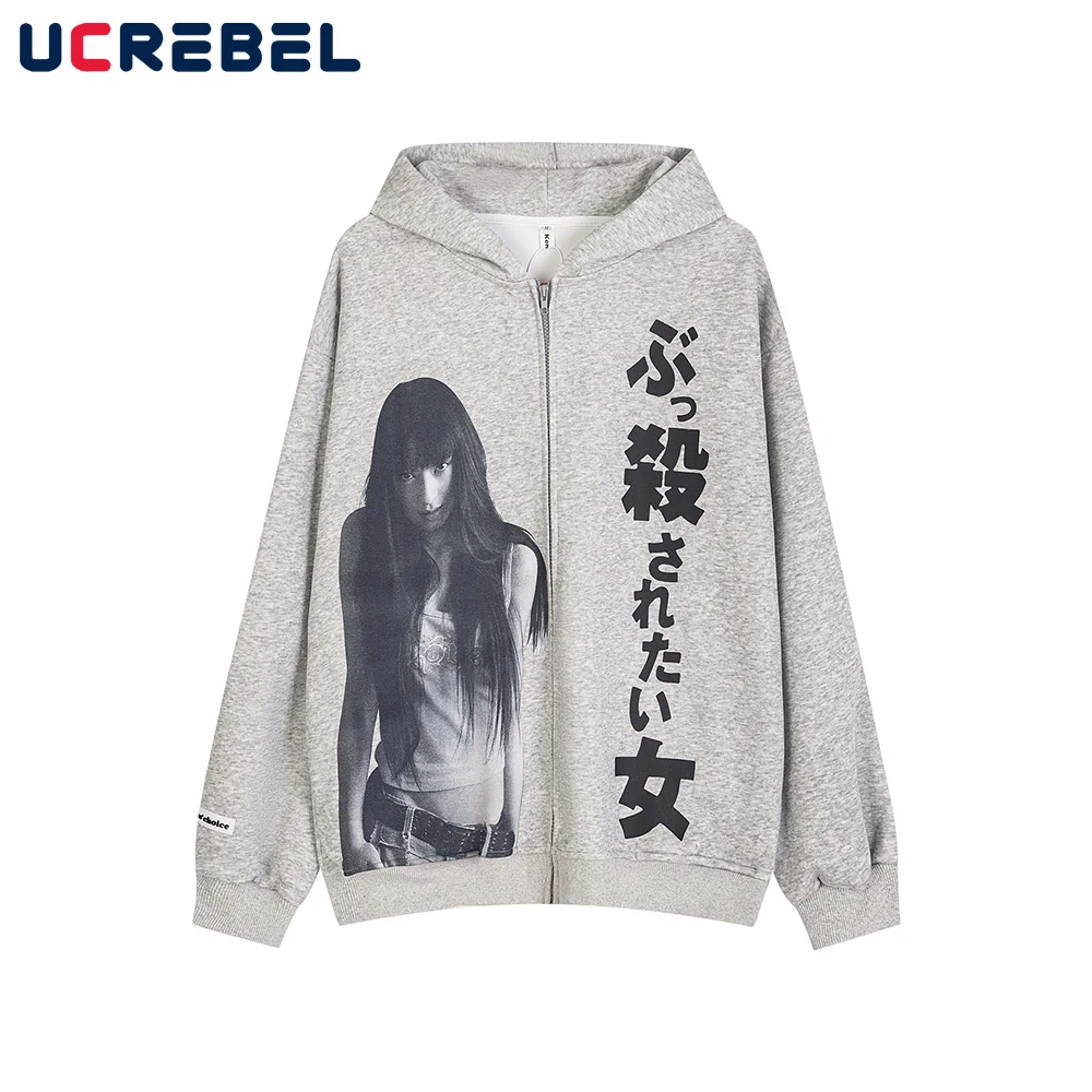 

Portrait Print Hooded Sweatshirts Mens High Street Y2k Loose Drop Shoulder Long Sleeve Sweatshirts Outerwear Men