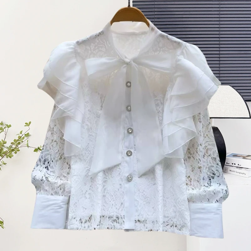 

Autumn French Vintage 2025 Solid Lace Patchwork Ruffles Long Sleeve Bow Blouses Women Fashion Single Breasted Elegant Shirt Chic