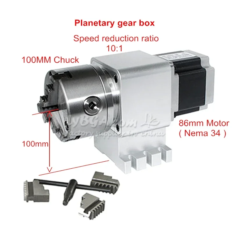 High Precision Planetary Reducer 86mm Motor Nema34 4th Rotary A Axis Chuck 100mm 3-jaws For CNC Router Milling Machine Tools Kit