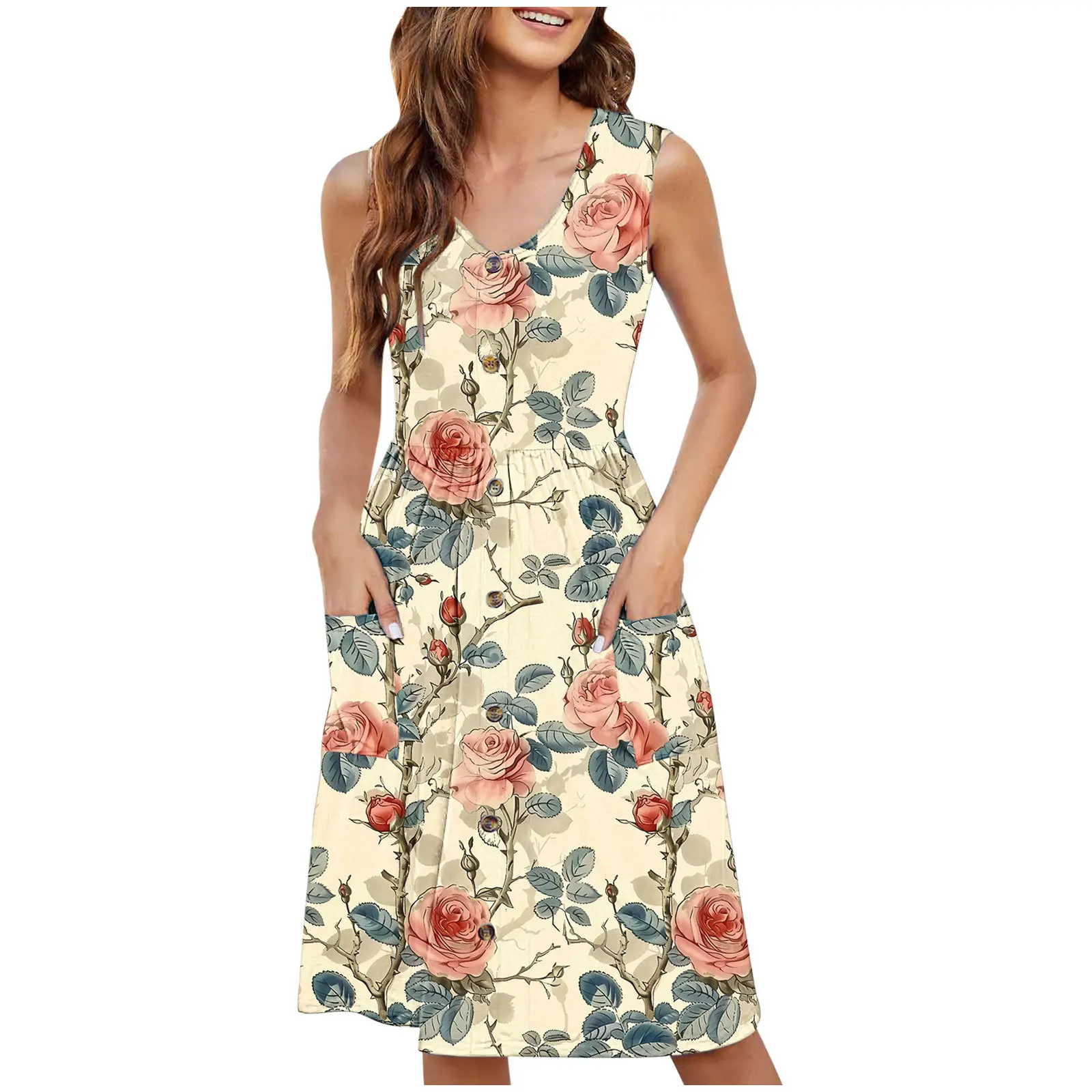 

Casual Printed Slim Fitting Push Button Sleeveless Dress Women's Summer Bohemian Pocket Dress Women's 2025