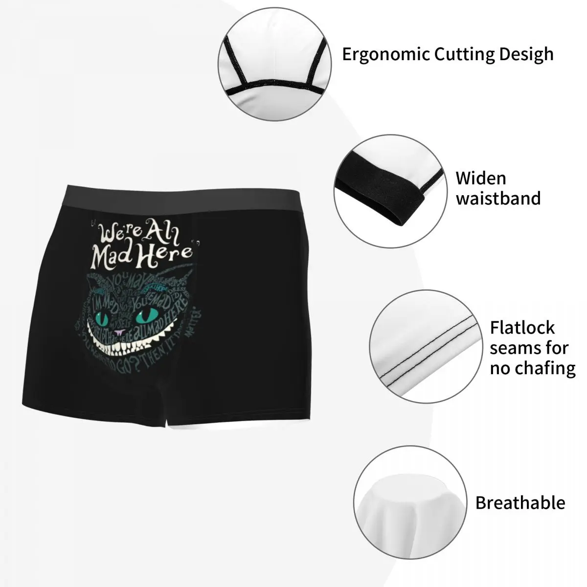 Custom Cheshire Cat Underwear Men Printed Alice We're All Mad Here Wonderland Boxer Briefs Shorts Panties Breathable Underpants