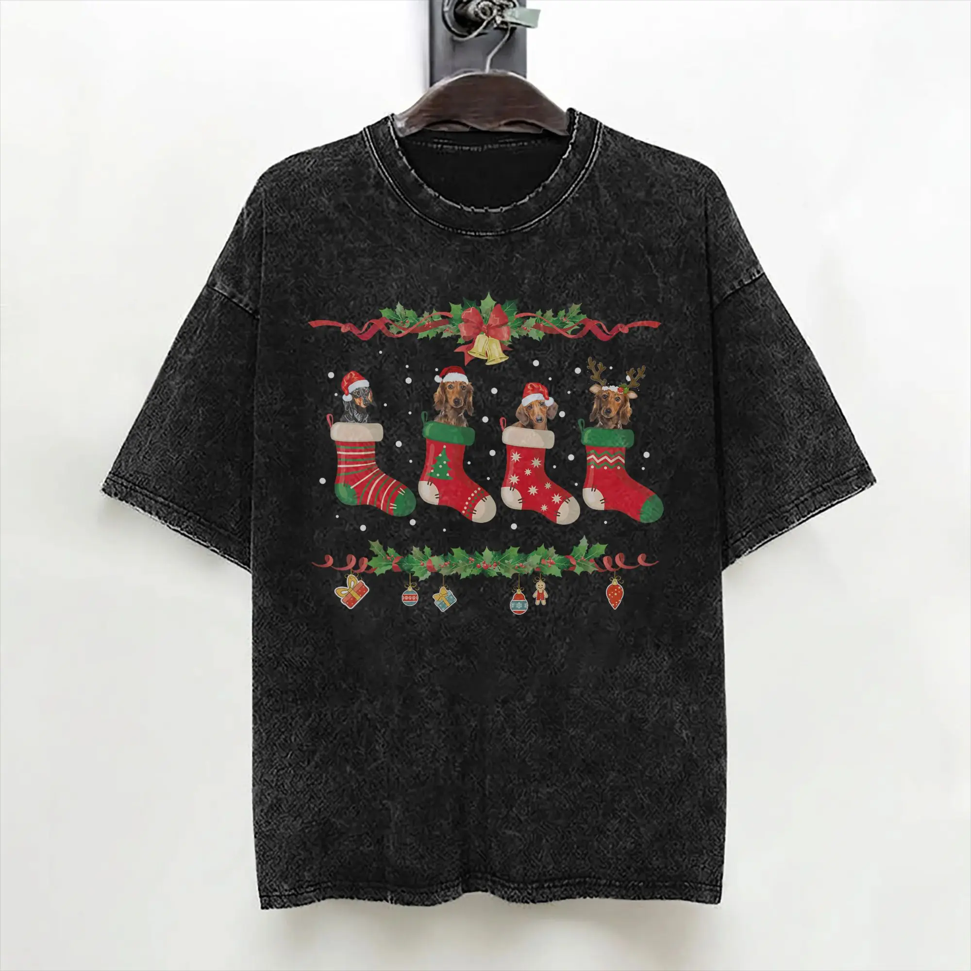 Dachshund Christmas Shirt Stocking Dog Xmas T Shirts Washed Short Sleeve High Street T-Shirts Men Women Streetwear Summer Tees