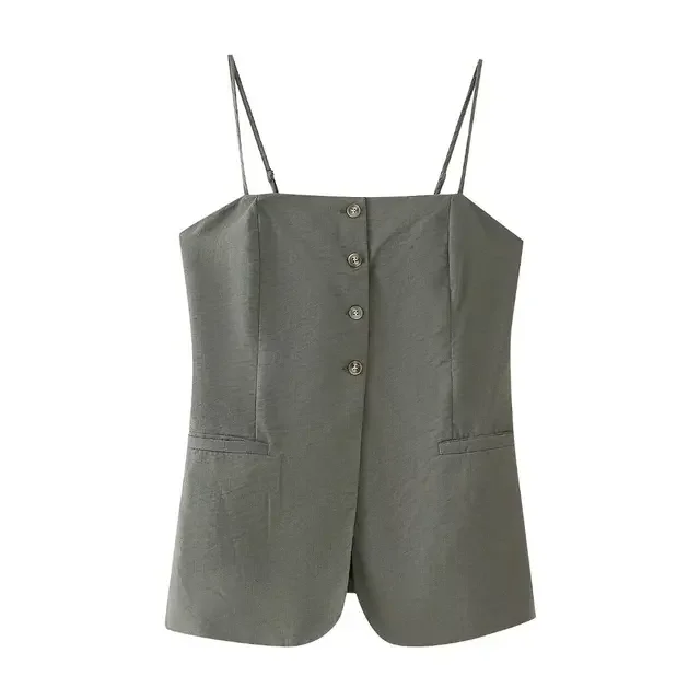 

BabYoung Women Summer Fashion Solid Linen Blend Single-Breasted Buttoned Strap Female Elegant Office Lady Camisole Top Mujer