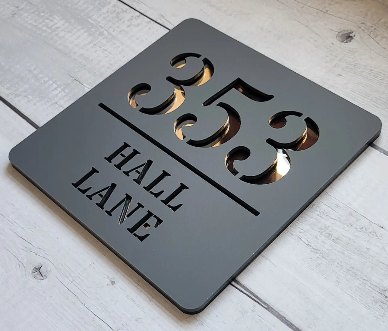 Custom Laser Cut House Signs Numbers Matt Black Acrylic Plaque With Gloss Black Backplate - Personalised