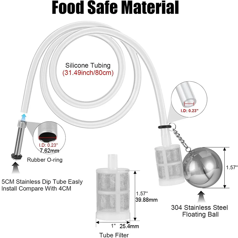 Floating Beer Keg Liquid Dip Tube with 80Mesh Filter Fit Ball Lock & Pin Lock Beer Keg SS Ball Float 80cm Silicone Tube