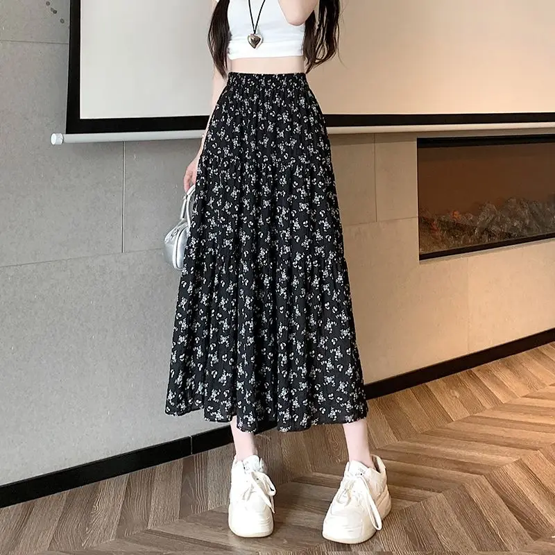 Chiffon Floral Skirt Women Spring Summer New Small High Waist Slimming Medium Long A Word Pleated Umbrella Skirt fashion trend