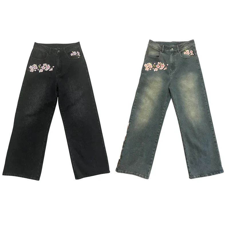

Y2K потертые потертые джинсы винтажный узор вишневого цвета с вышивкой и высокой талией широкие джинсы для мужчин и женщин модная уличная одежда