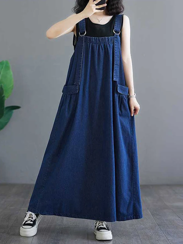 Krisnanas Preppy Style Suspender Dress A-Line Maxi Dresses 2024 Summer Loose Pleated Pockets Split-Joint Spaghetti-Neck Dress