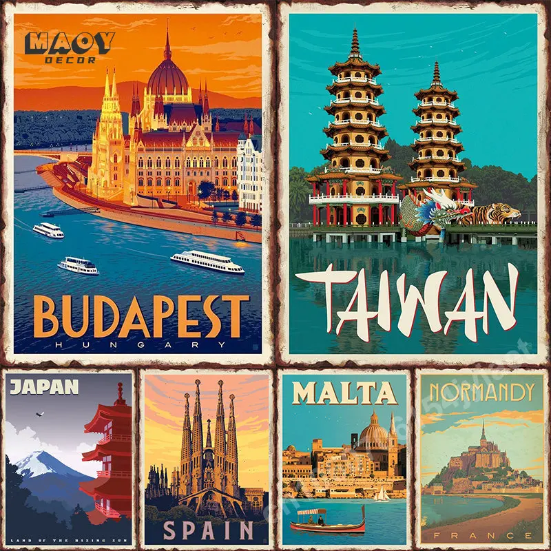 Famous City Landscape Vintage Poster Tin Metal Sign Mural Budapest Malta Sydney Wall Art Decor for Living Room Home Metal Plates