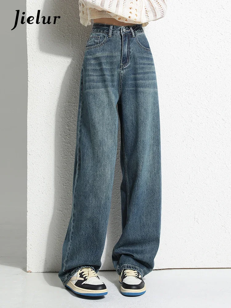 

Jielur Vintage Loose High Waist Simple Women's Jeans Full Length Straight Slim Cotton Denim Washed Casual Female Wide Leg Pants