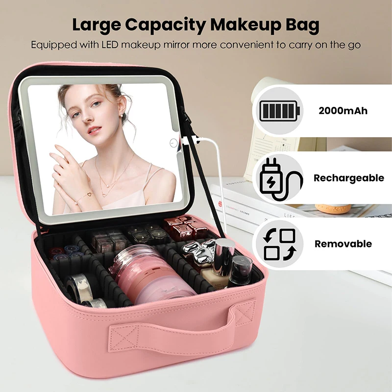 Makeup Bag with LED Lighted Mirror 3 Color Temperatures, Travel Cosmetic Case Adjustable Dividers,  Toiletry Case Gift for Women