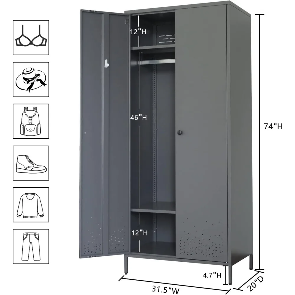 Roupeiros selecionados com haste suspensa, armário de armazenamento de metal, armário para quarto, lavanderia, alta capacidade