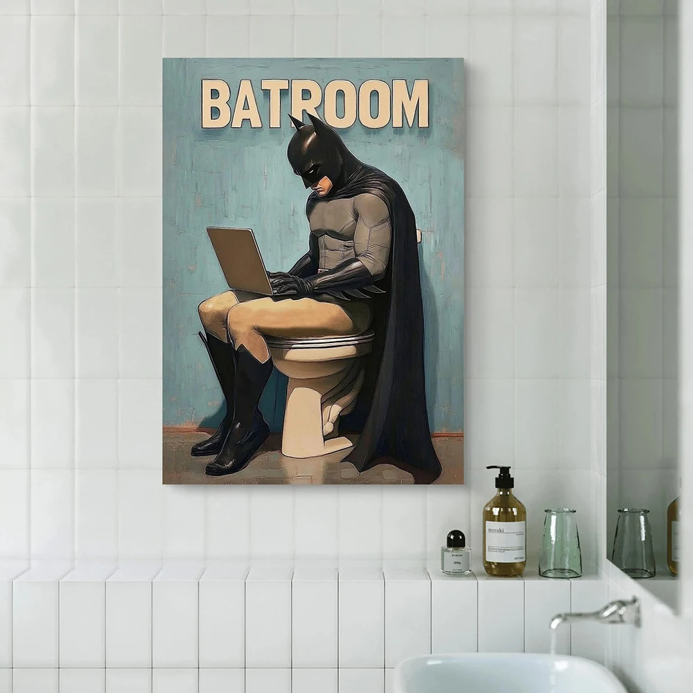 Funny Bat Art Print Batroom Bathroom Decor Hero Toilet Wall Art Humorous DC Comics Poster Geeky Man Cave Gift Pictures