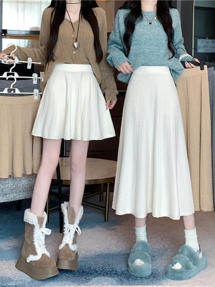 plus Size Knitted A-Line Midi Skirt High Waist Light Tawny Color Women's Fashionable Korean Sle Half-length Skirt