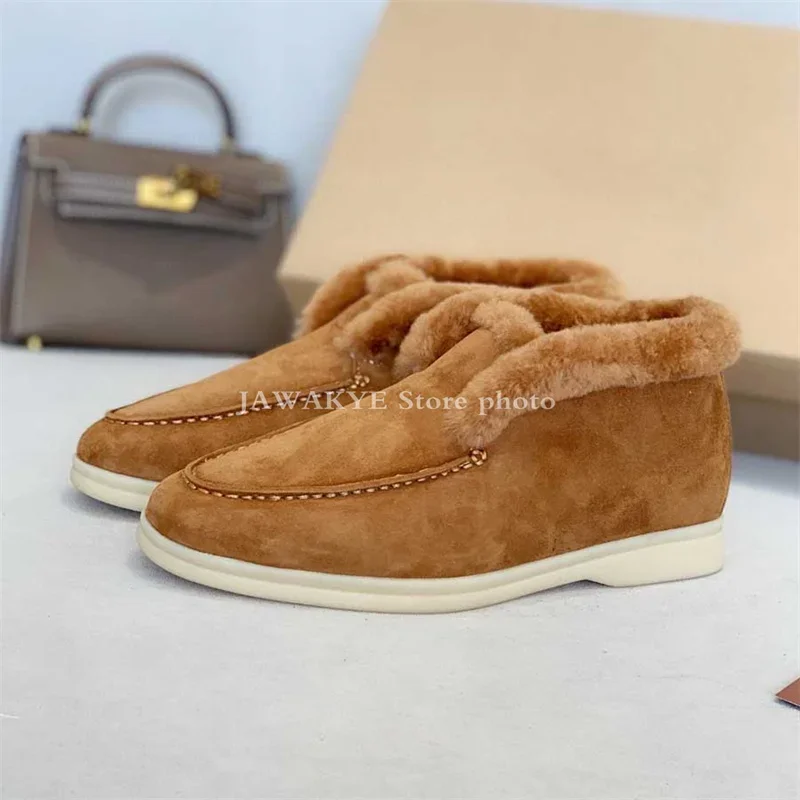 Suede Real Wool Ankle Boots Women High-quality Multicolor Slip on Flats Snow Boots Winter Walking Fur shoes Botas Mujer