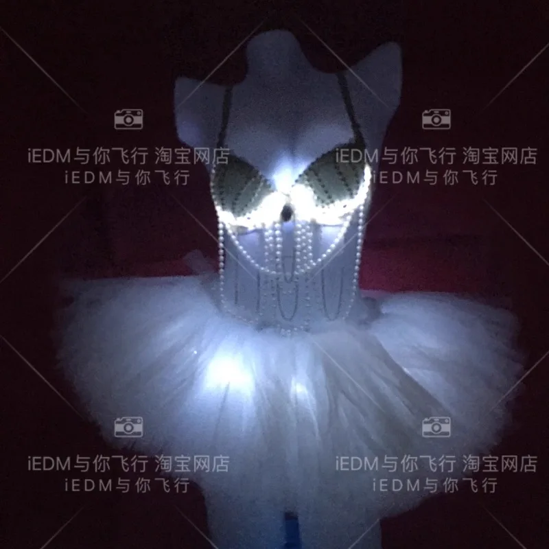 customized belly tassel pearl camisole top Raven glowing bra set glowing tutu skirt Bar performance skirt disfraz mujer carnaval