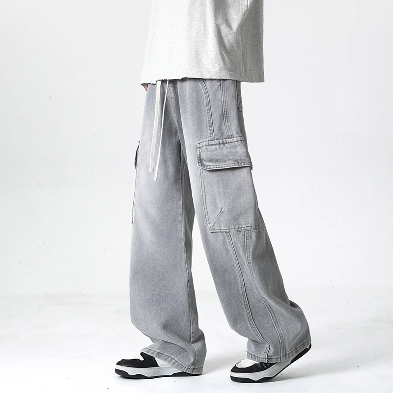

Свободные джинсы рабочей одежды в американском стиле ретро с корейским уличным карманом, мужские весенне-осенние прямые висячие широкие брюки