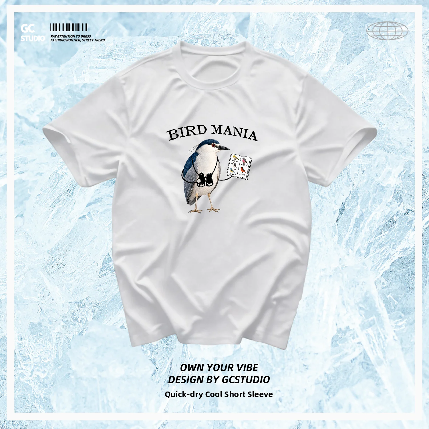Quick Dry Cool Feeling Short Sleeve T-Shirt Bird Watching Outdoor Sports Fun Printed Loose Fit round Neck Male Universal Summer