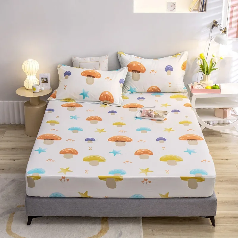 Lençol de cogumelo com 2 fronhas, conjunto de lençóis com estampa de estrela kawaii, queen para meninos e meninas, capa de cama botânica com bolso profundo