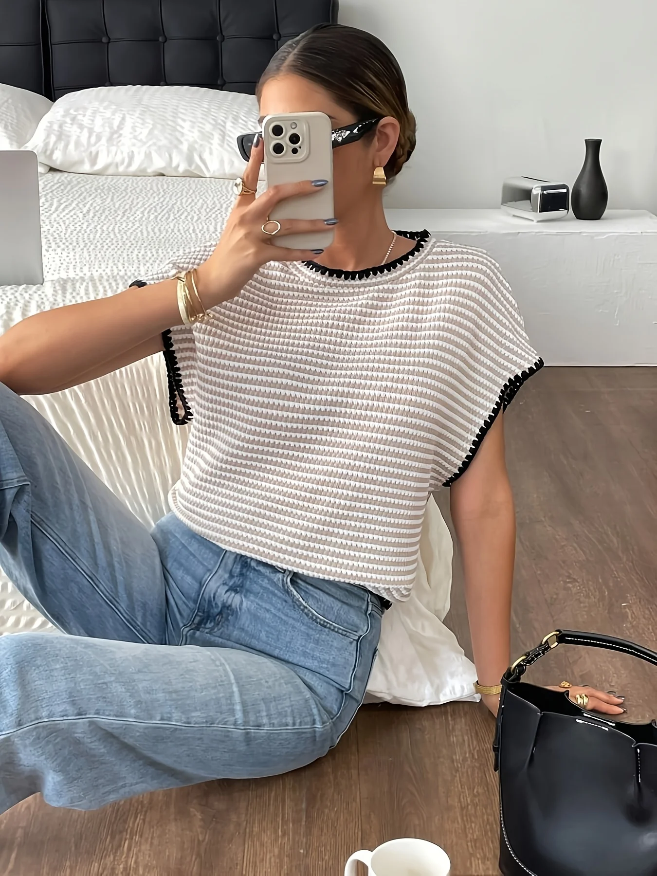 T-shirt manches courtes col rond femme décontracté bord contrasté haut rayé