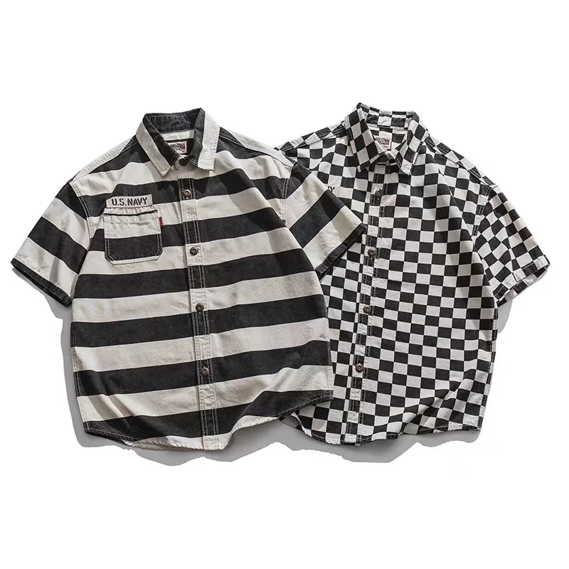 Camisa solta listrado xadrez masculina de manga curta prisioneiro motocicleta estilo japonês tendência masculina vintage 2023